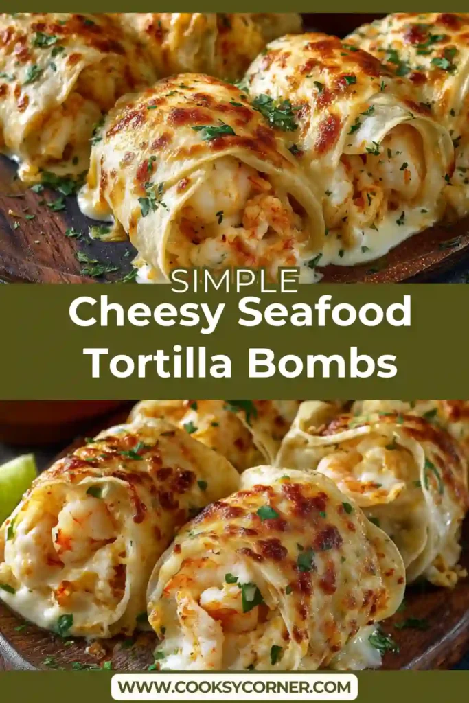 Cheesy Seafood Tortilla Bombs baked in a casserole dish with golden melted cheese and creamy sauce.