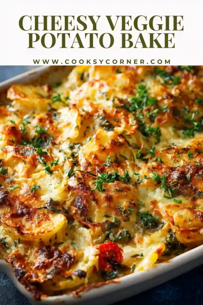 Oven baked Cheesy Veggie Potato Bake showing crispy edges and colorful vegetables mixed throughout the dish.