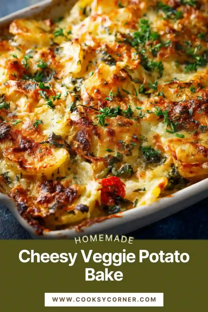 Close-up of vegetarian potato casserole with goat cheese pockets, mushrooms, and herbs baked until bubbly and golden.