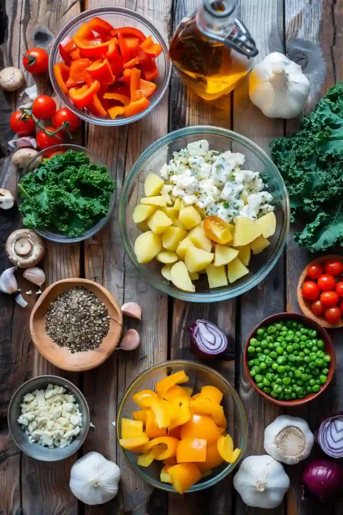 Rustic ceramic dish filled with cheesy vegetable bake made with roasted potatoes, tomatoes, peas, and melted cheese topping.