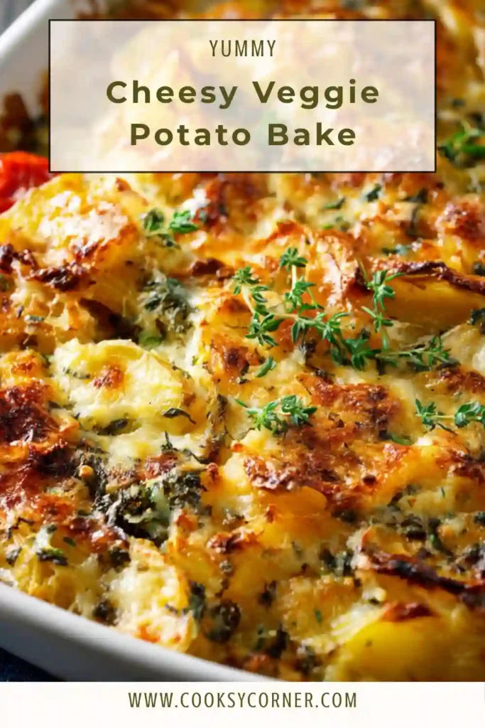 Cheesy Veggie Potato Bake in a casserole dish topped with golden melted mozzarella and visible roasted vegetables including peppers and kale.