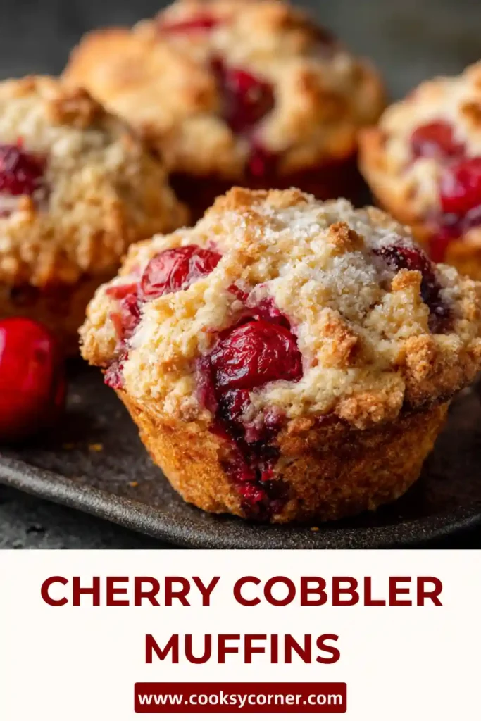Close-up of soft cherry muffins with crumb topping and bright red cherry filling.