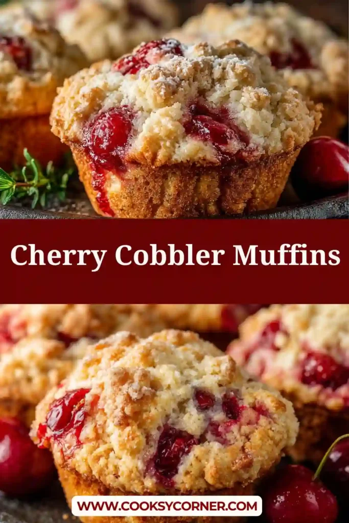 Cherry Cobbler Muffins topped with golden cinnamon streusel and filled with juicy cherries.