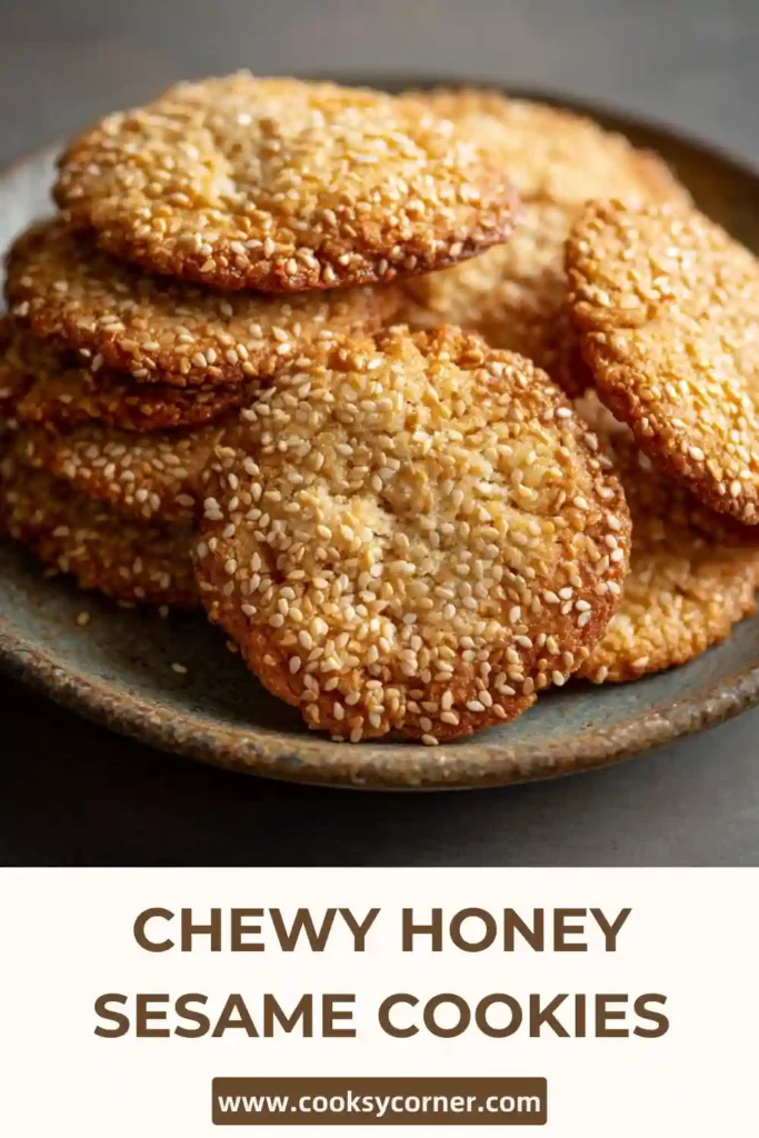 Stack of sesame seed cookies made with brown butter and honey, showcasing golden color and chewy texture.