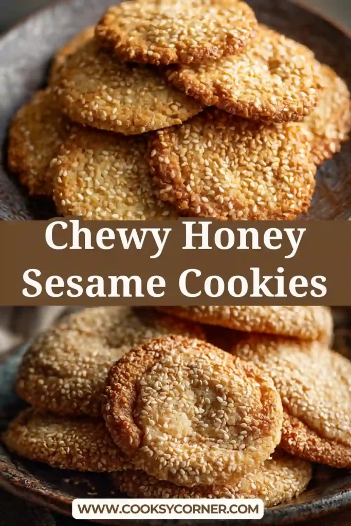 Close-up of honey sesame cookies showing textured sesame coating and tender interior.