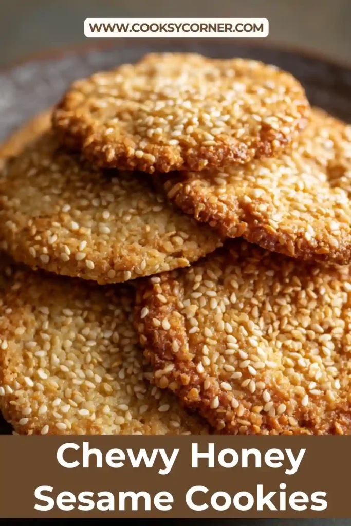 Chewy Honey Sesame Cookies coated in sesame seeds with golden crisp edges and soft chewy centers on a parchment-lined tray.