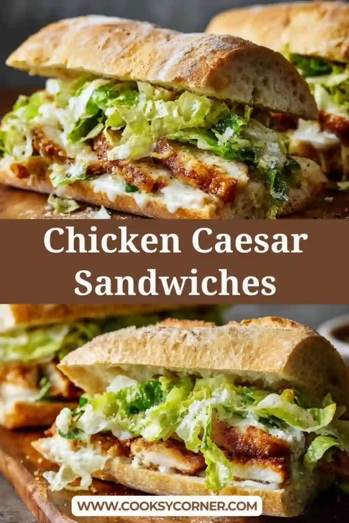 Close-up of crispy chicken Caesar sandwich layered with lettuce and parmesan.