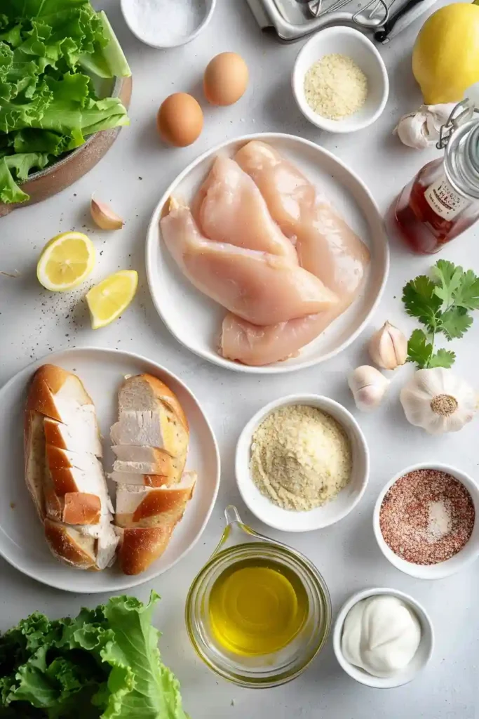 Chicken Caesar sandwich hoagie with garlic butter bread and romaine.