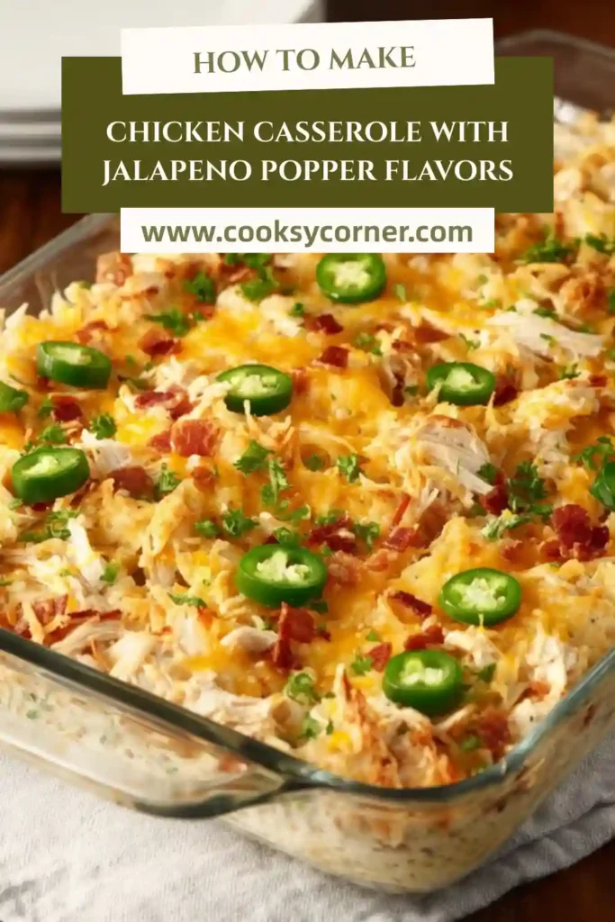 Baked chicken pasta casserole made with tender chicken, cheese sauce, and diced jalapenos.