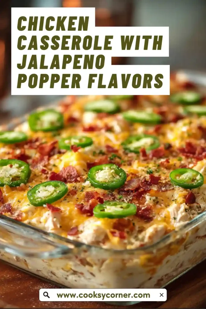 Cheesy chicken casserole with jalapeno popper flavors, showing a golden baked top and creamy interior.