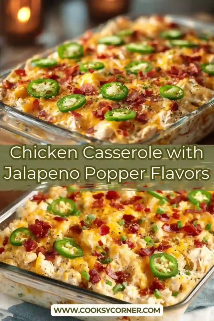 Creamy chicken casserole baked with pasta, melted cheese, jalapenos, and green onions in a casserole dish.