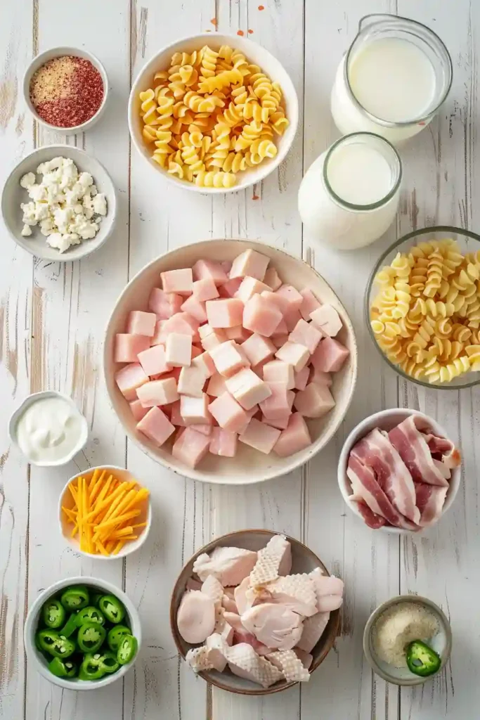 Homemade chicken casserole fresh from the oven with melted cheese and green onion topping.