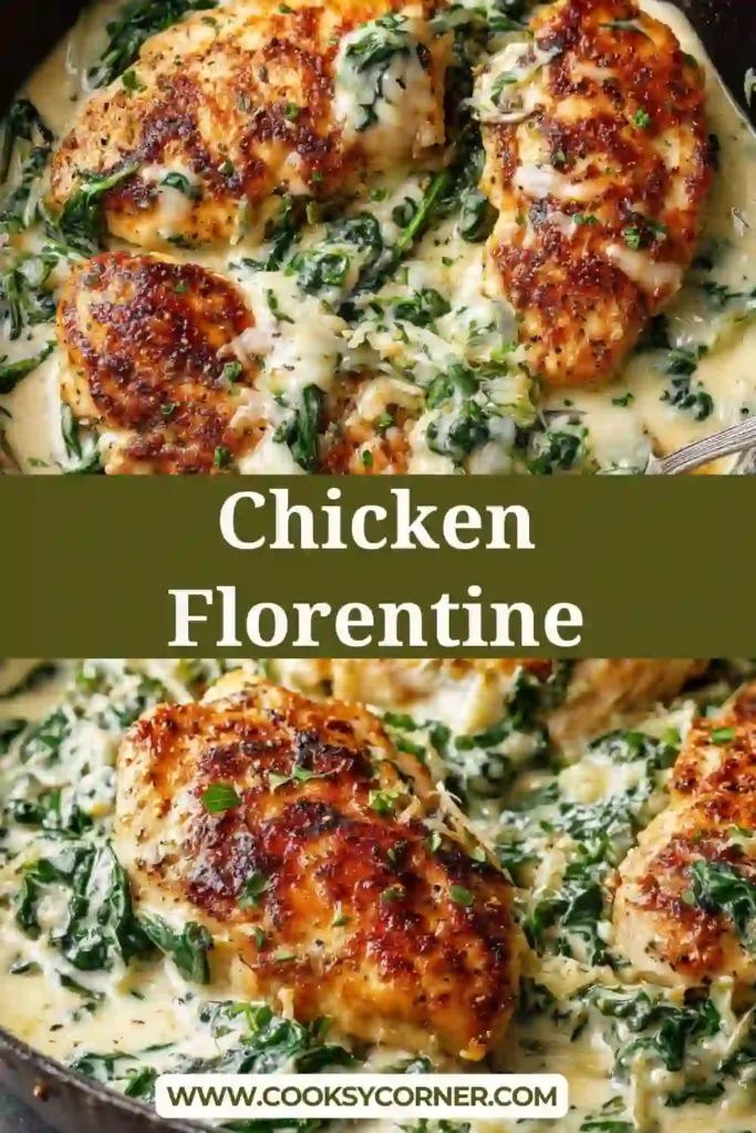 Creamy Chicken Florentine served in a skillet with tender chicken breasts coated in garlic Parmesan sauce and wilted spinach. Fresh parsley garnish adds color and freshness to this Italian-inspired dish.