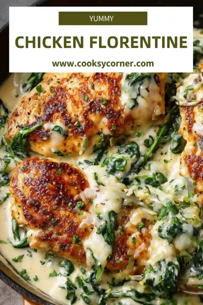 Close-up of Chicken Florentine with golden pan-seared chicken in rich Florentine sauce and vibrant green spinach. The creamy texture and herbs make it a comforting dinner option.