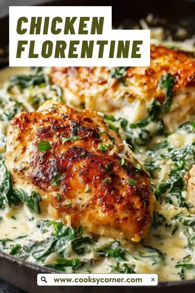 Overhead view of Chicken Florentine in a cast iron pan featuring juicy chicken breasts and creamy spinach sauce. A perfect one-pan Italian-style meal.