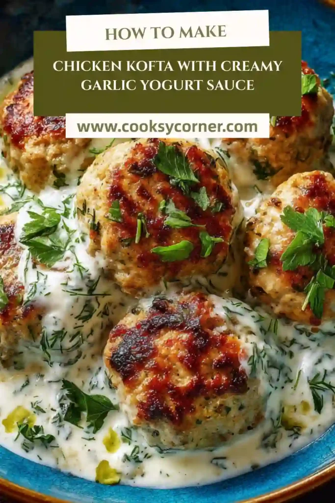 Juicy pan-seared chicken kofta topped with creamy garlic yogurt sauce.