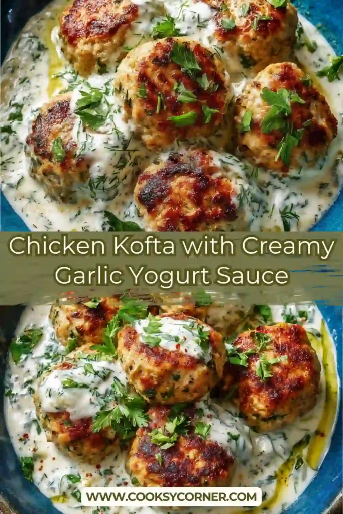 Grilled chicken kofta skewers with garlic yogurt dipping sauce and herbs.