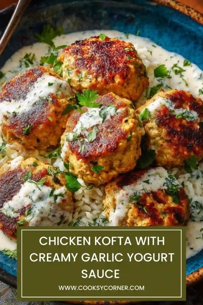 Close-up of juicy chicken kofta topped with fresh parsley.