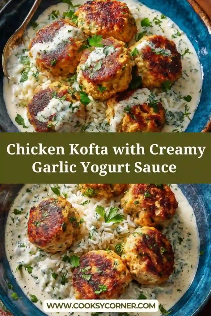 Grilled chicken kofta skewers with tangy yogurt sauce on a platter.