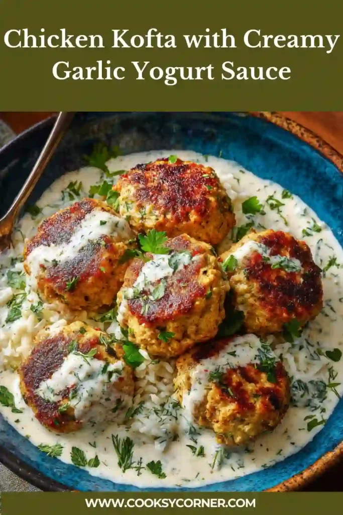 Chicken kofta served over creamy garlic yogurt sauce with parsley and lemon wedges.