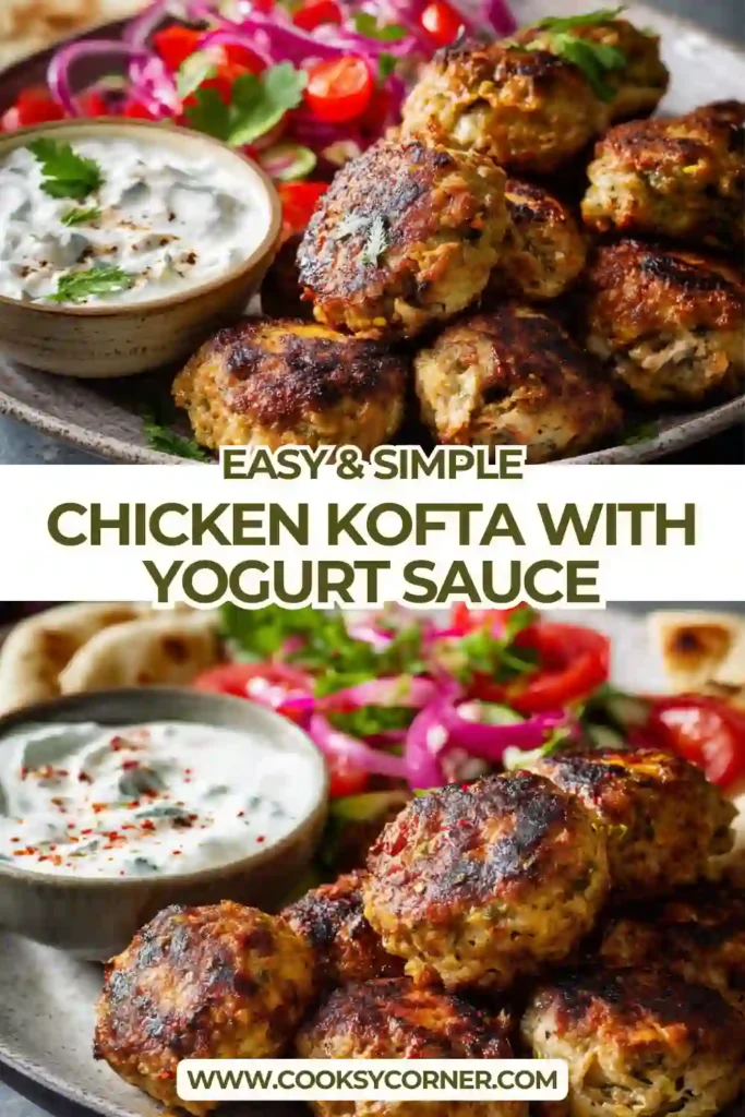 Grilled chicken kofta patties topped with creamy lemon yogurt sauce.