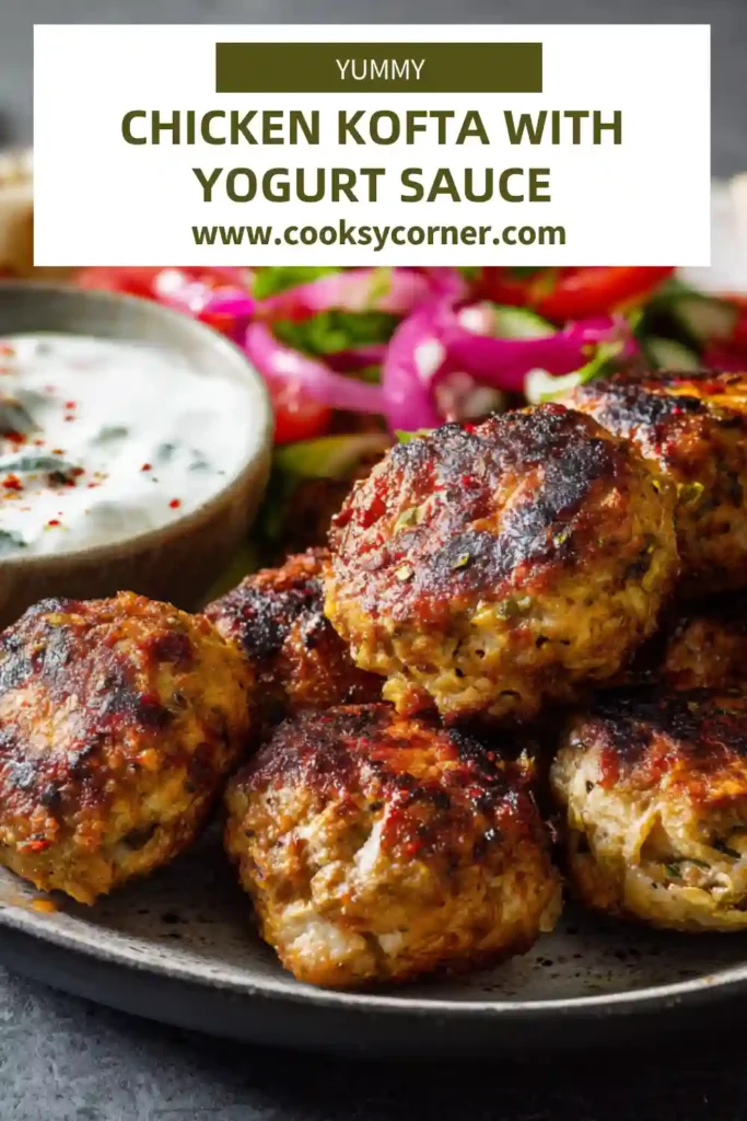 Middle Eastern chicken kofta plated with pita and fresh vegetables.
