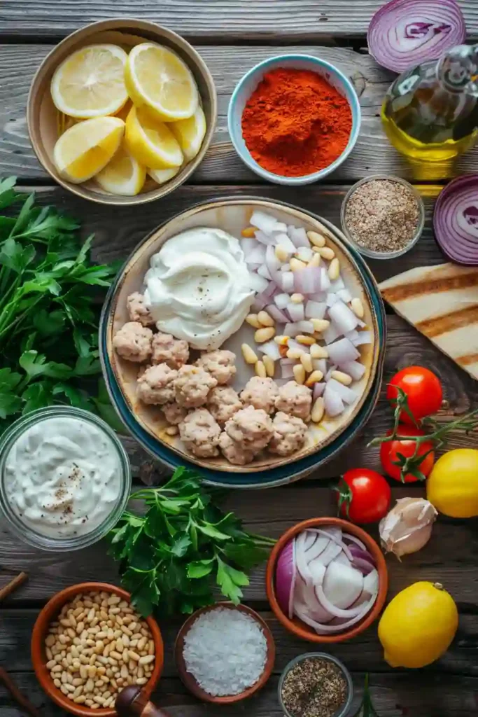 Spiced chicken kofta logs with parsley and yogurt dipping sauce.