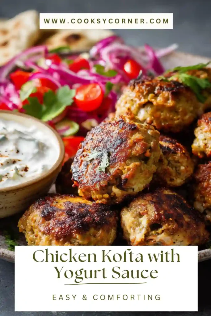 Chicken kofta with yogurt sauce served in pita with tomatoes and red onion.
