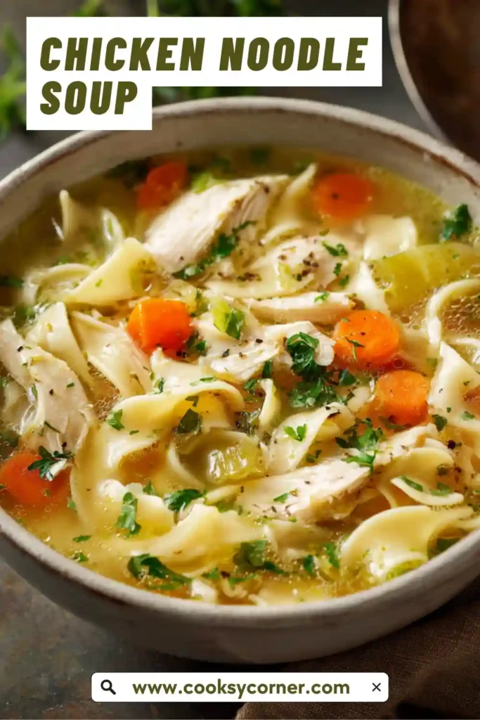 Close-up of chicken noodle soup showing rich broth and hearty ingredients.