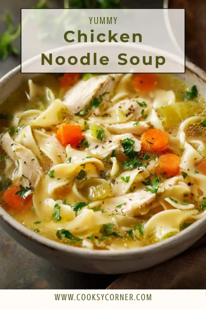 Bowl of homemade chicken noodle soup with carrots, celery, and noodles.