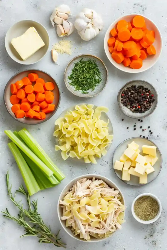 Freshly made chicken noodle soup served hot in a bowl.