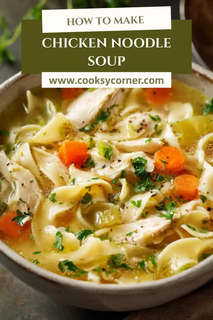 Chicken Noodle Soup with tender chicken, vegetables, and egg noodles in a clear broth.