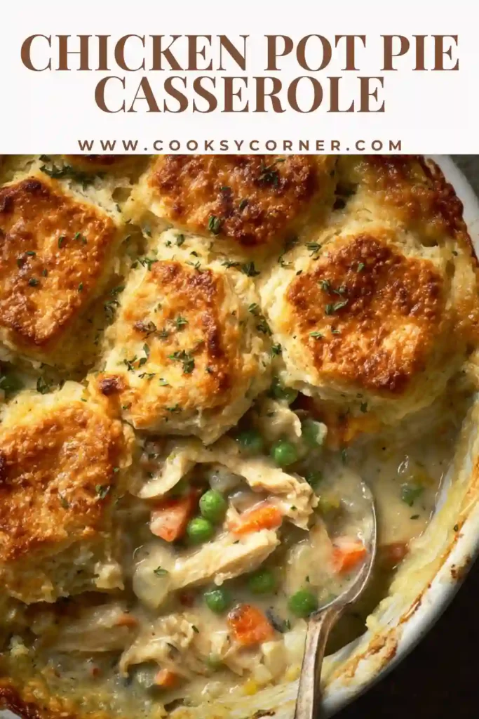 Chicken pot pie casserole with vegetables and biscuit topping.