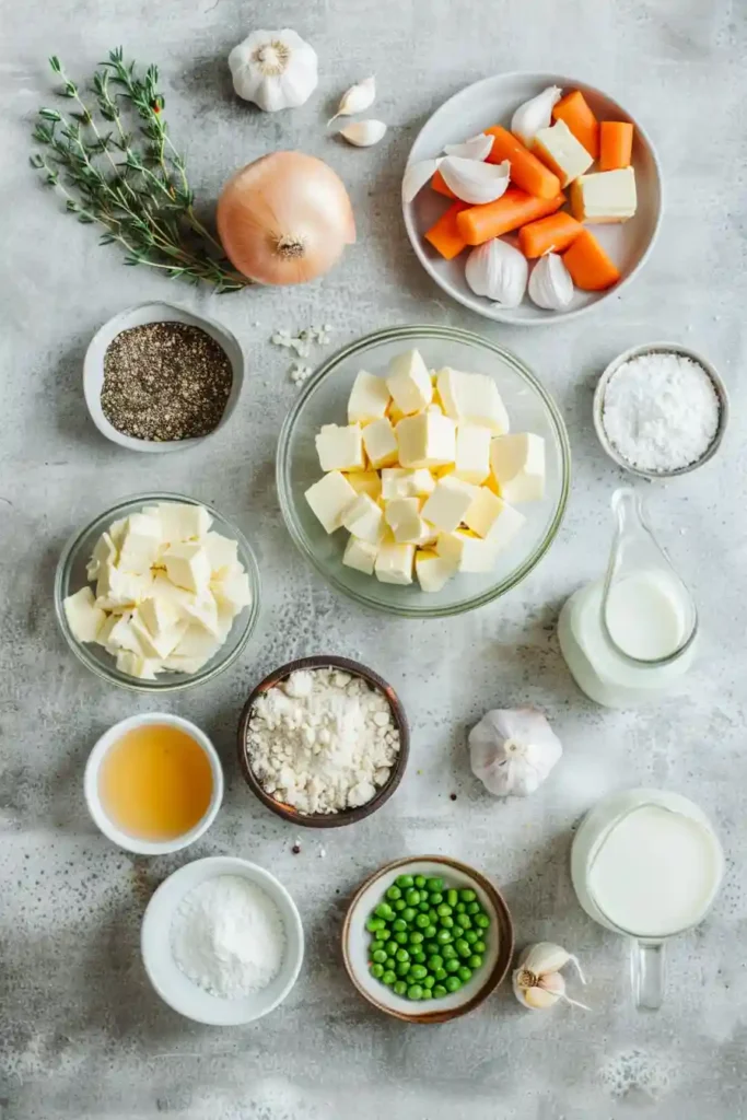 Homemade chicken pot pie casserole served warm.