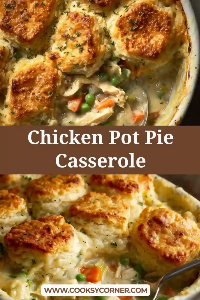 Chicken Pot Pie Casserole with creamy filling and golden biscuits.