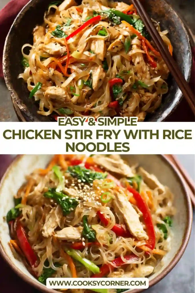 Close-up of chicken rice noodle stir fry with mushrooms, carrots, and leafy greens in a skillet.