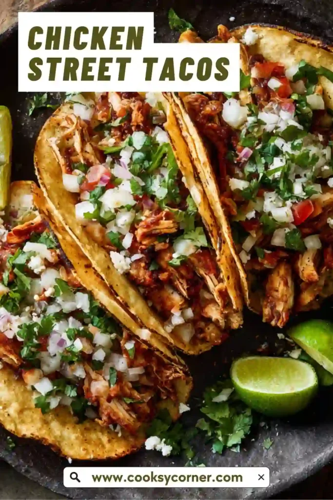 Plate of Chicken Street Tacos with lime wedges and fresh toppings. Easy grilled chicken tacos recipe.