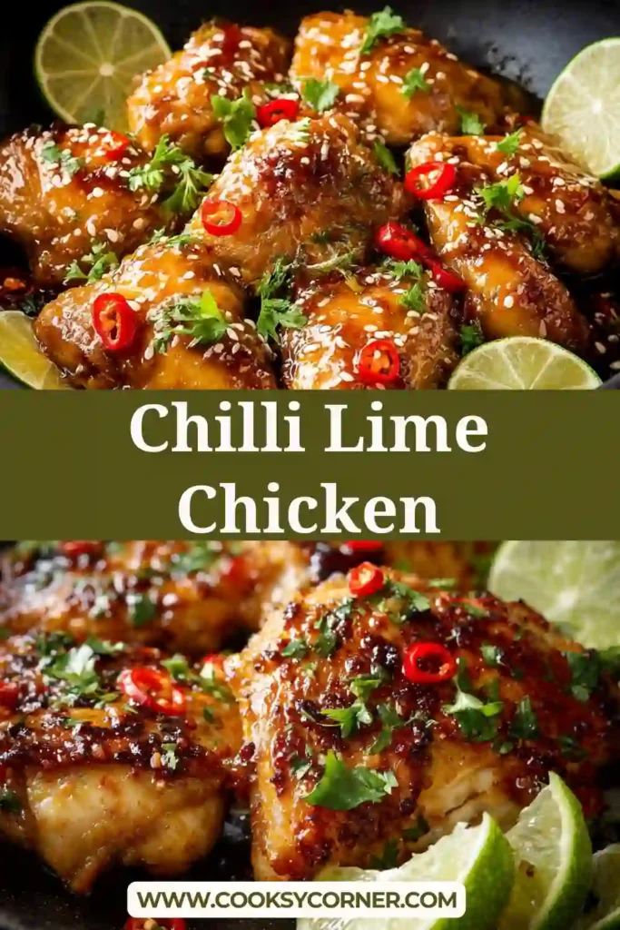 Golden pan-fried chicken thighs simmering in a thick lime honey sauce with red chillies.