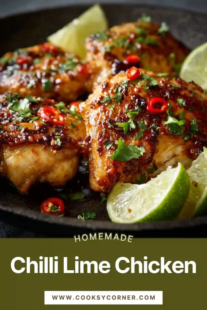 Sticky Chilli Lime Chicken thighs in a skillet coated in glossy lime garlic sauce and garnished with sesame seeds and spring onions.