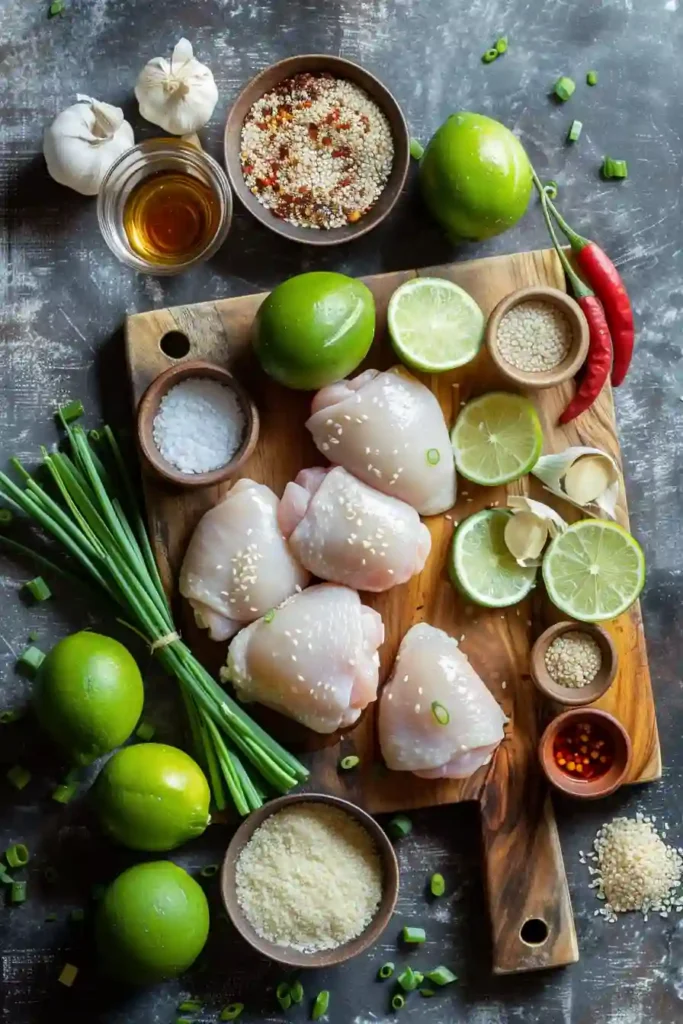 Chilli Lime Chicken topped with sesame seeds and sliced scallions in a serving bowl.