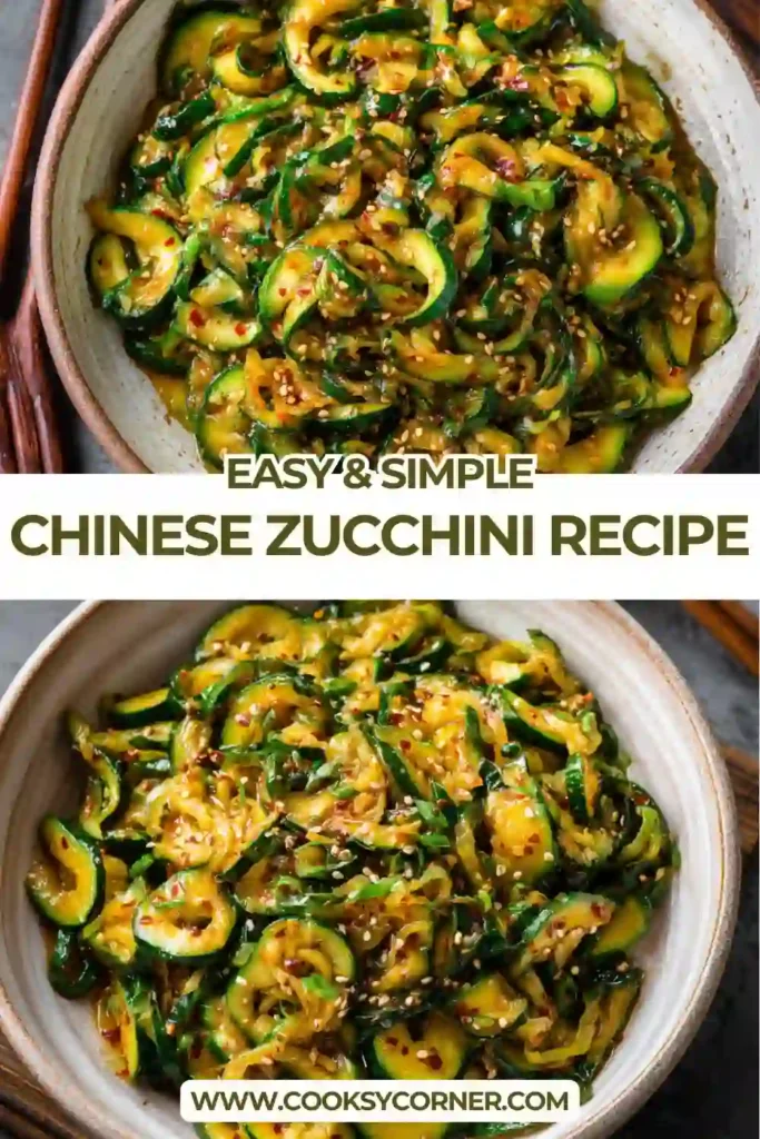 Bowl of Chinese zucchini noodles coated in nutty garlic sauce, garnished with sesame seeds and green onions for a healthy zucchini recipe.