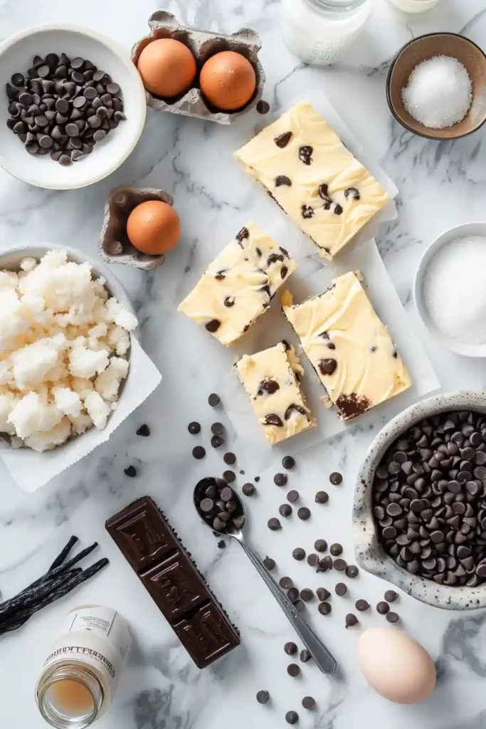 Chocolate chip cookie cheesecake bars sliced and served on a plate.