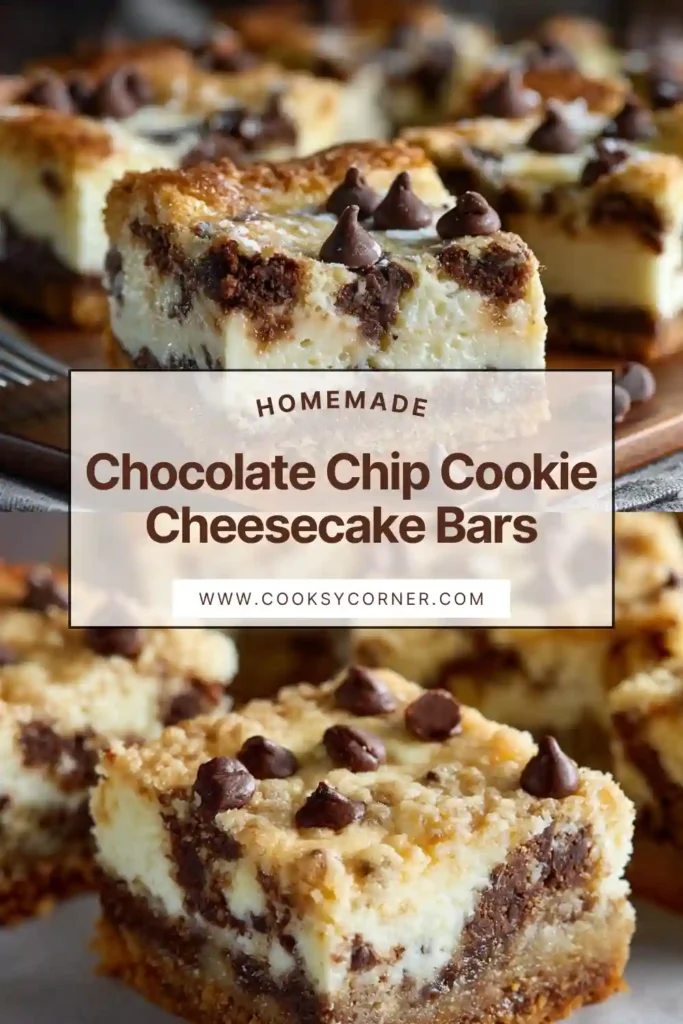 Chocolate chip cheesecake bars baked until golden.