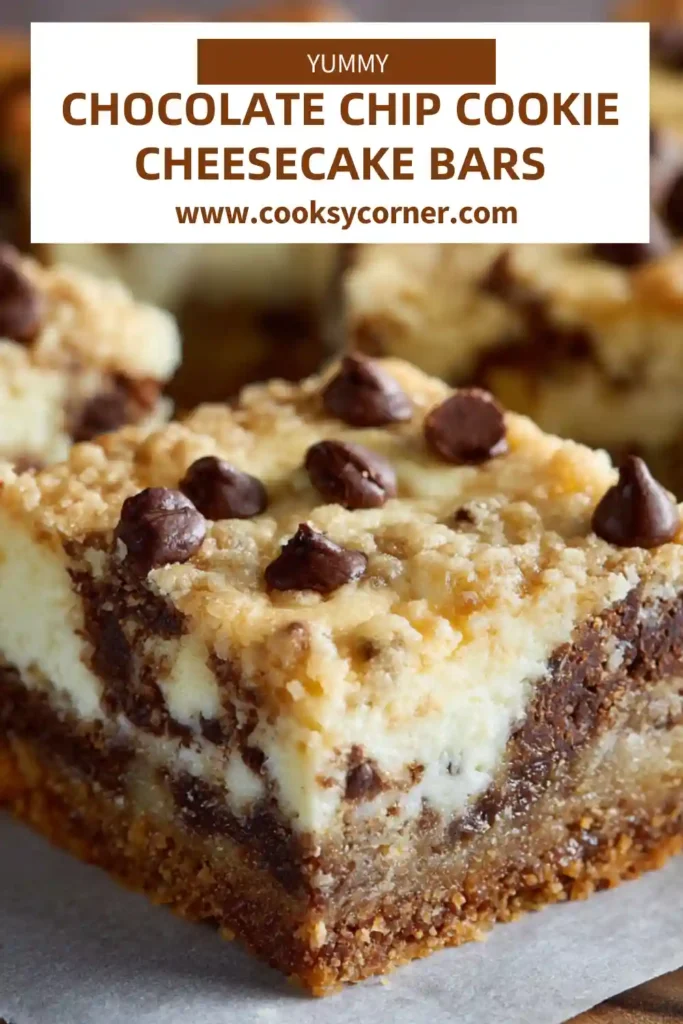 Cookie dough cheesecake bars with creamy center and crumb topping.