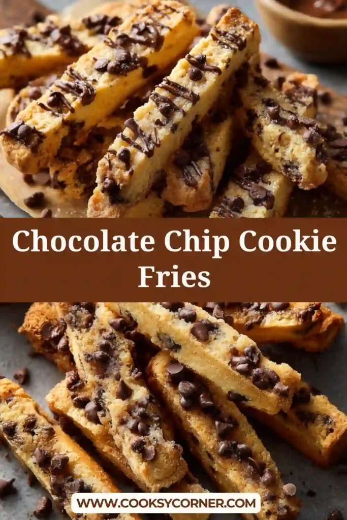 Close-up of crispy cookie fries with soft centers and melted chocolate chips.