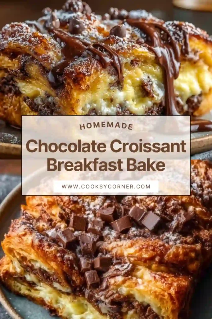 A baked chocolate croissant breakfast bake with golden edges and melted chocolate throughout, served warm in a baking dish. The croissants look flaky and rich.