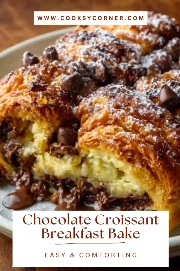 Chocolate croissant breakfast bake made with custard-soaked croissants and chocolate chips, baked until golden and slightly crisp on top.