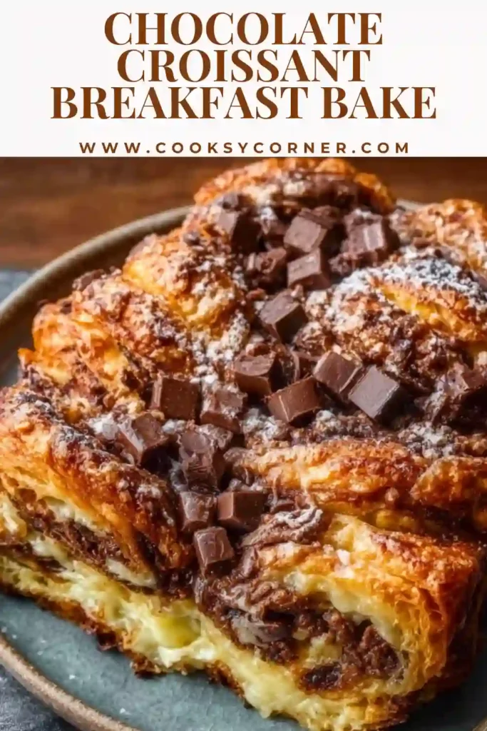 Close-up of chocolate croissant casserole showing soft custard texture and pockets of melted chocolate between croissant layers.