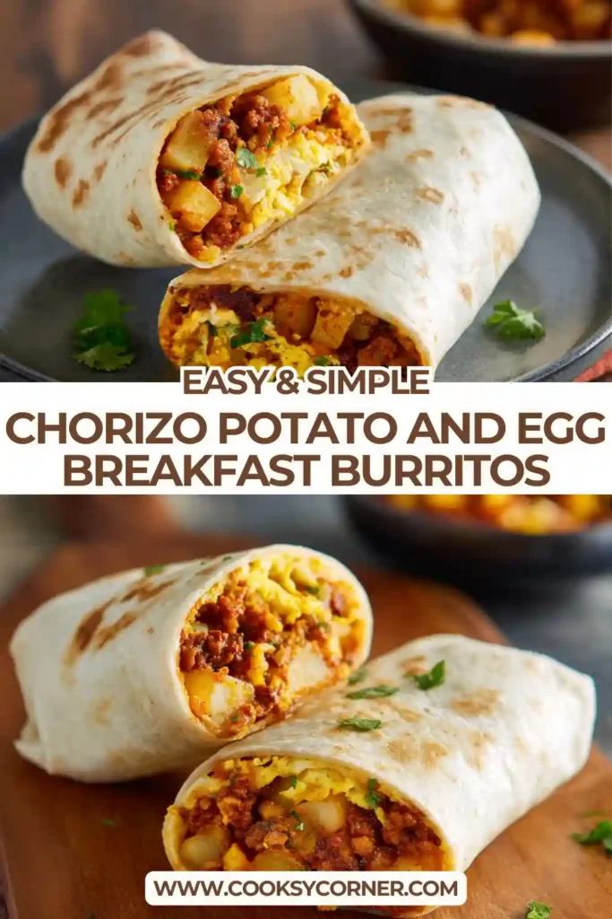 Breakfast burrito filled with chorizo, eggs, and potatoes.