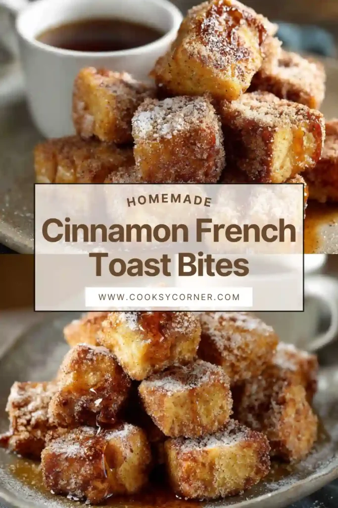 Plate of homemade french toast cubes dusted with cinnamon sugar and served with fresh berries and maple syrup. A cozy breakfast bites recipe.